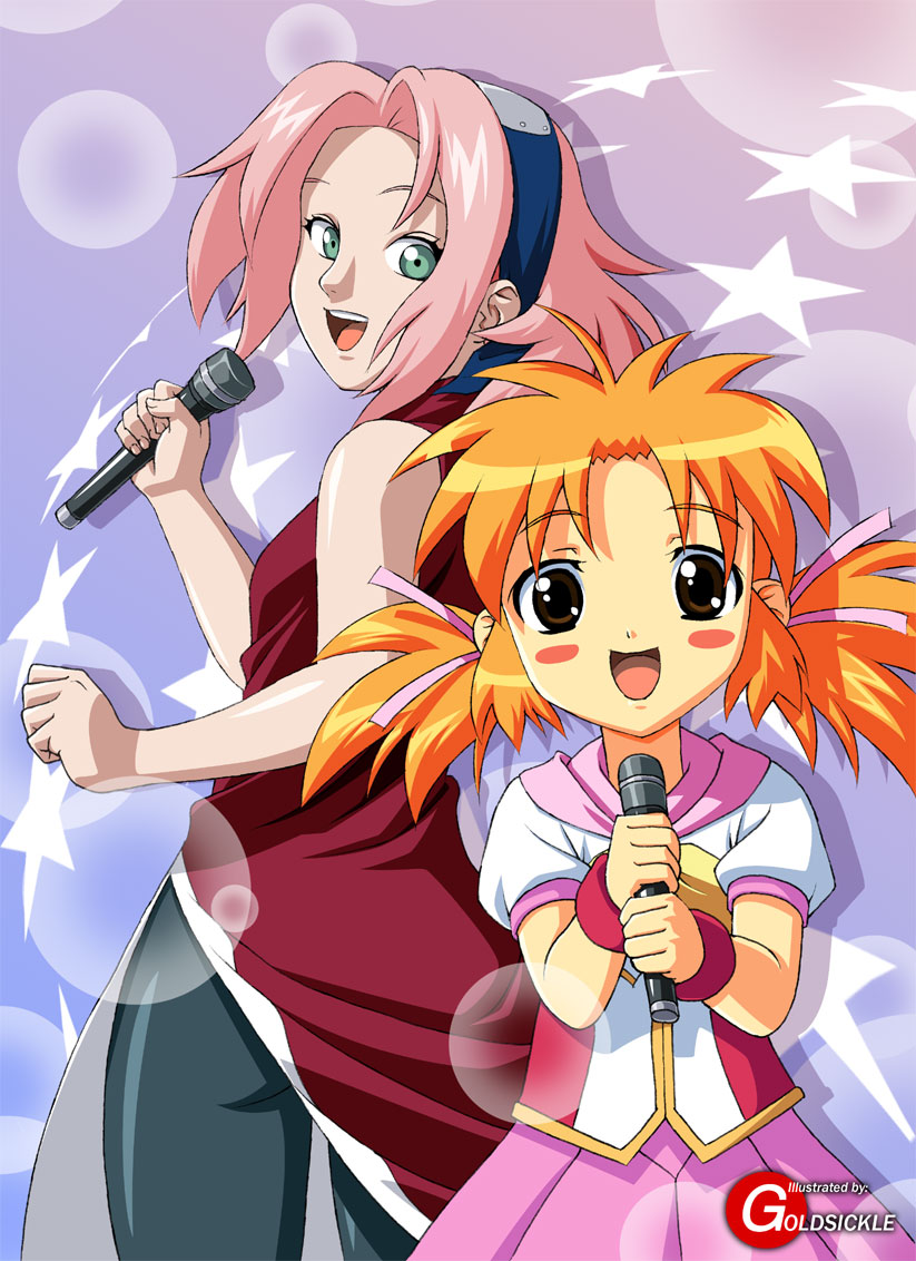 2girls, black_eyes, blonde_hair, blush_stickers, crossover, goldsickle, green_eyes, haruno_sakura