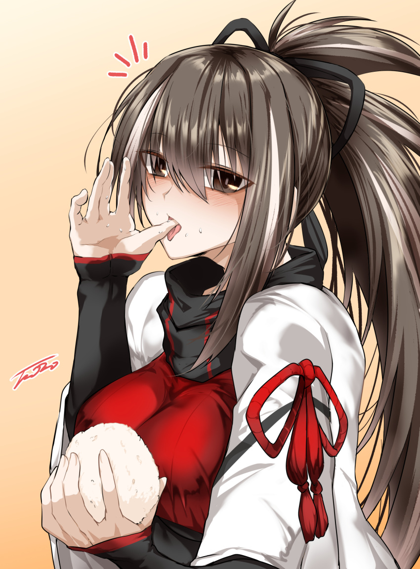 1girl, black_eyes, black_hair, black_scarf, breasts, fate/grand_order, fate_(series), food