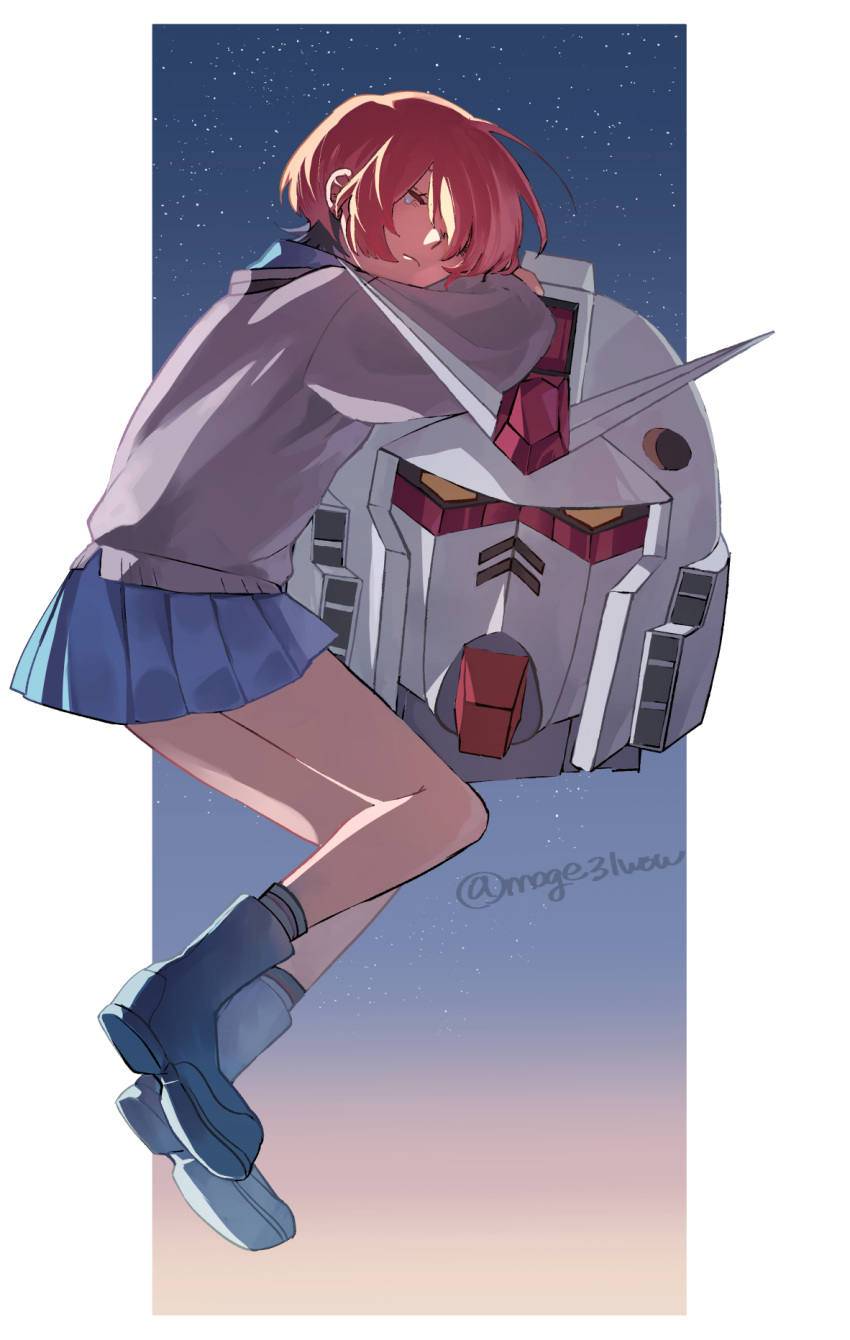 1girl, amate_yuzuriha, ankle_boots, aqua_shirt, aqua_skirt, artist_name, black_shoes, boots, closed_eyes, collared_shirt, commentary_request, crying, gundam, gundam_gquuuuuux, head_rest, highres, long_sleeves, moge31wow, pleated_skirt, red_hair, rx-78-2_gundam, sad, school_uniform, shirt, shoes, short_hair, skirt, socks, solo, star_(sky), starry_sky_background, striped_clothes, striped_socks, sweater, twitter_username, white_sweater