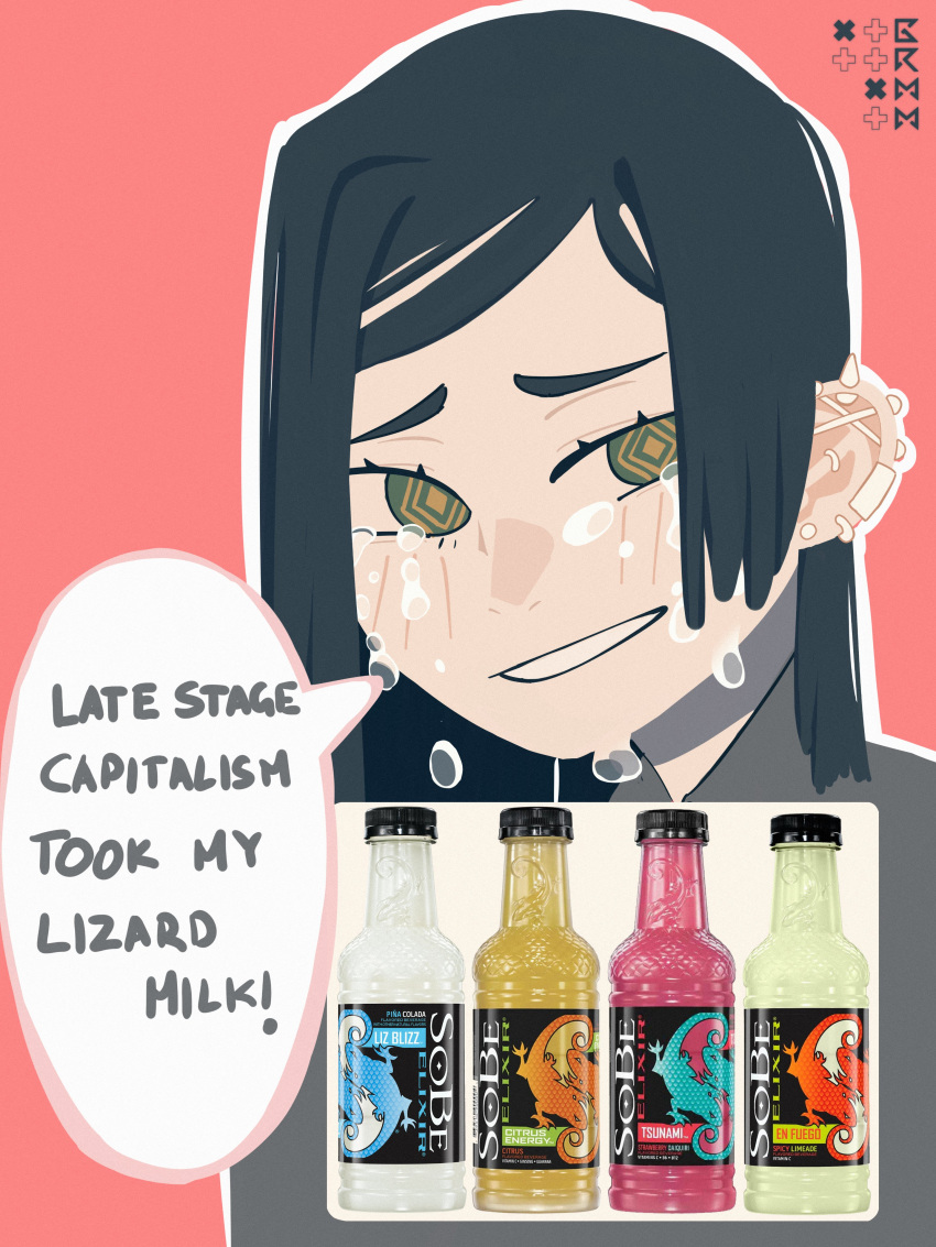 1girl, absurdres, black_hair, bottle, commentary, crying, crying_with_eyes_open, earclip, earrings, english_text, grey_eyes, grin, grmm, highres, inset, jewelry, long_hair, looking_at_viewer, original, pink_background, ringed_eyes, smile, sobe_(drink), solo, spiked_ear_piercing, swept_bangs, symbol-only_commentary, tears, tili_(grmm), upper_body