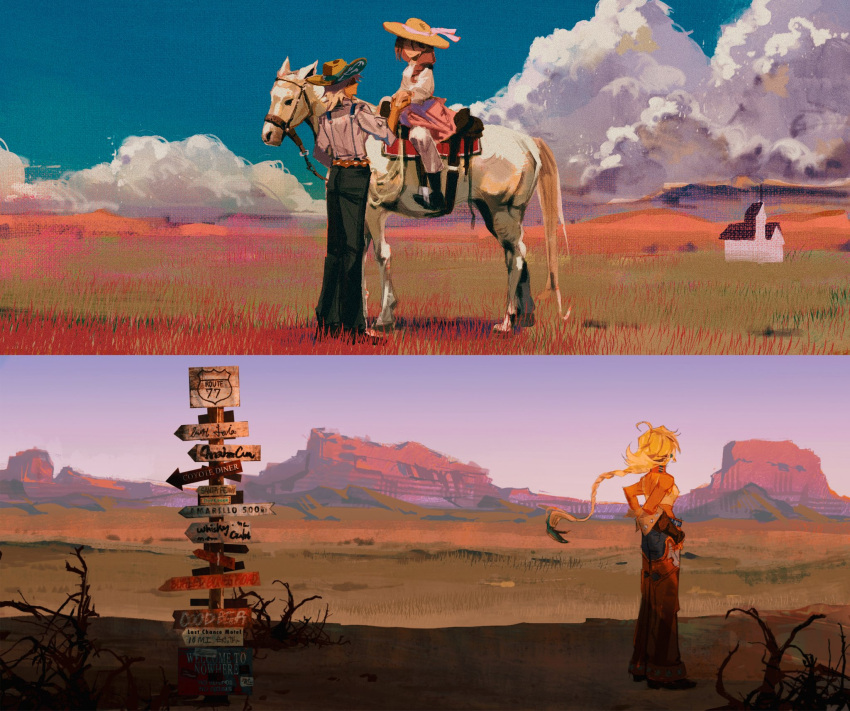 1boy, 1girl, argus_(reverse:1999), black_pants, blonde_hair, braid, brown_hair, clouds