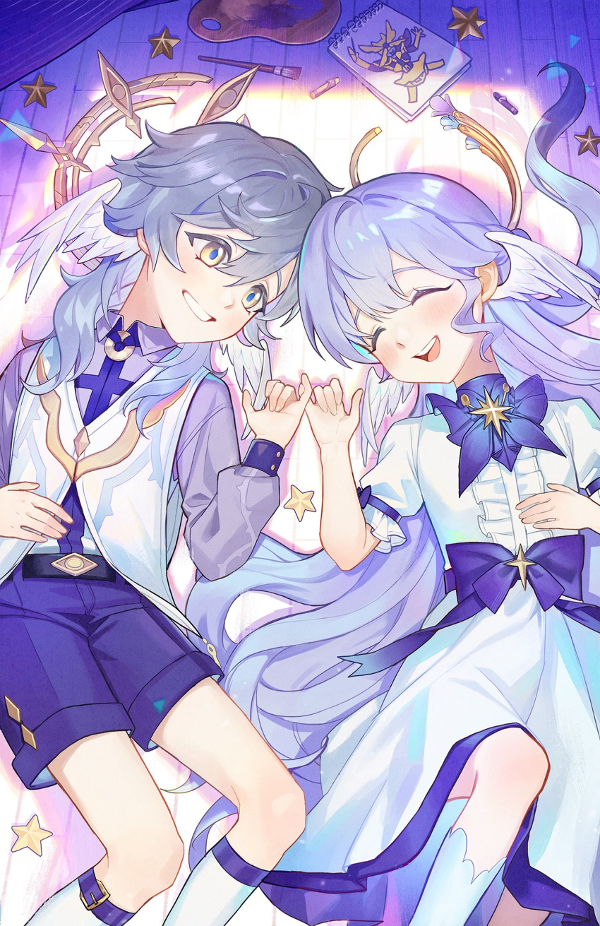 1boy, 1girl, aged_down, art_brush, blue_pupils, bow, braid, brother_and_sister