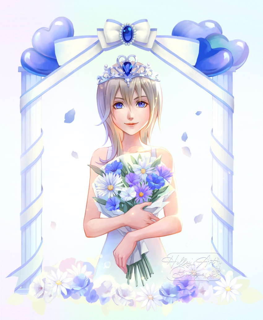 1girl, artist_name, bare_shoulders, blonde_hair, blue_eyes, blue_flower, bouquet, closed_mouth