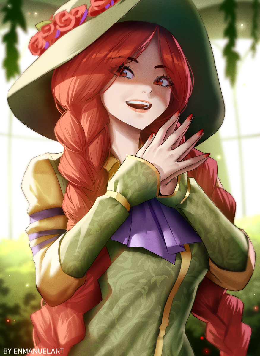 1girl, artist_name, ascot, blurry, blurry_background, braid, breasts, commentary