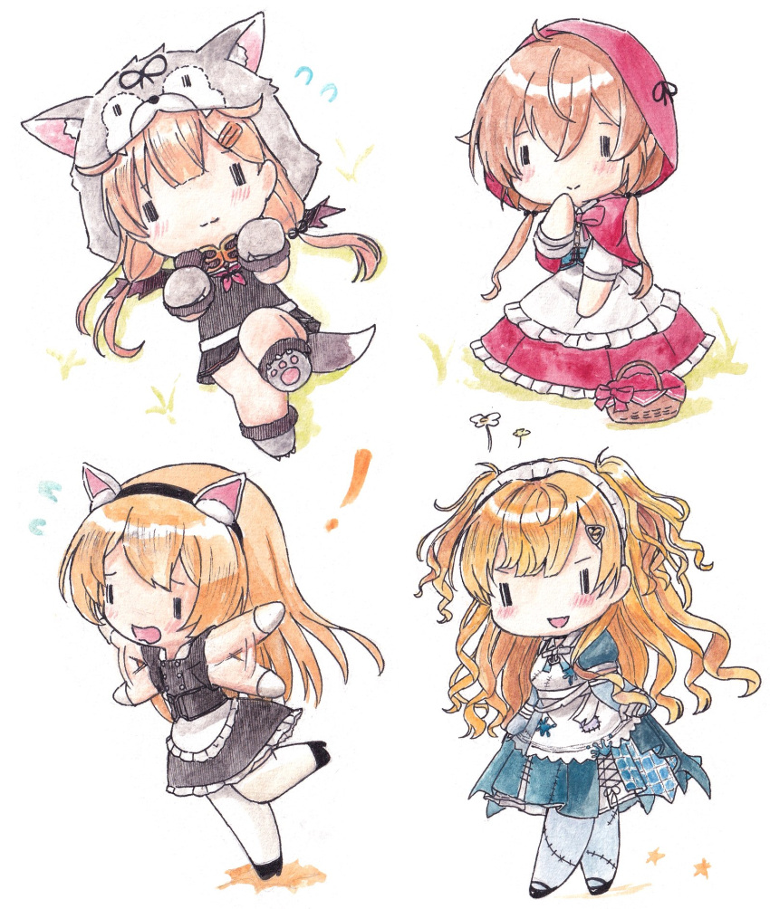 !, 4girls, animal_ears, animal_hands, animal_hood, apron, basket, blonde_hair