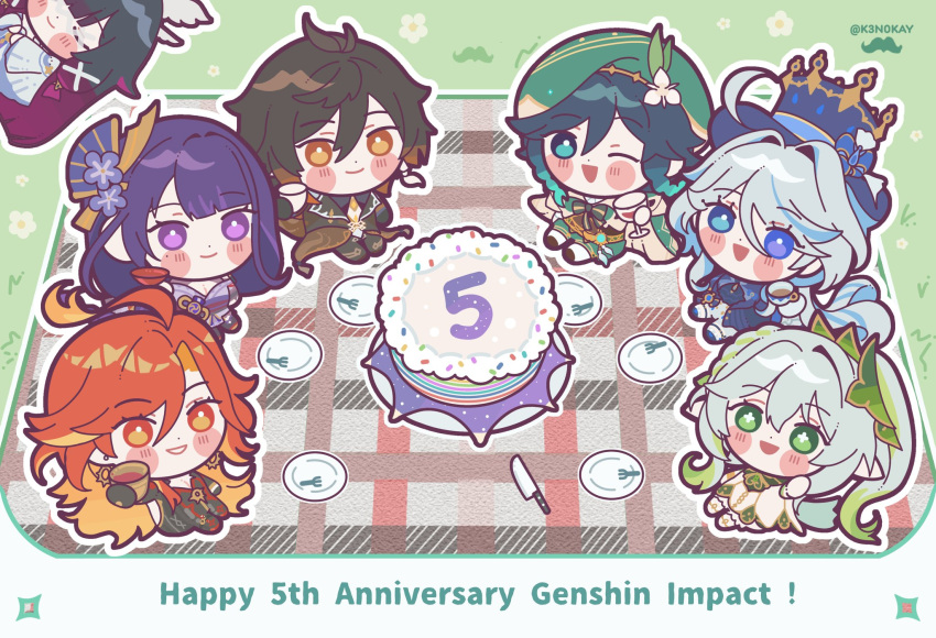 2boys, 5girls, :d, ;d, ahoge, anniversary, aqua_eyes, ascot
