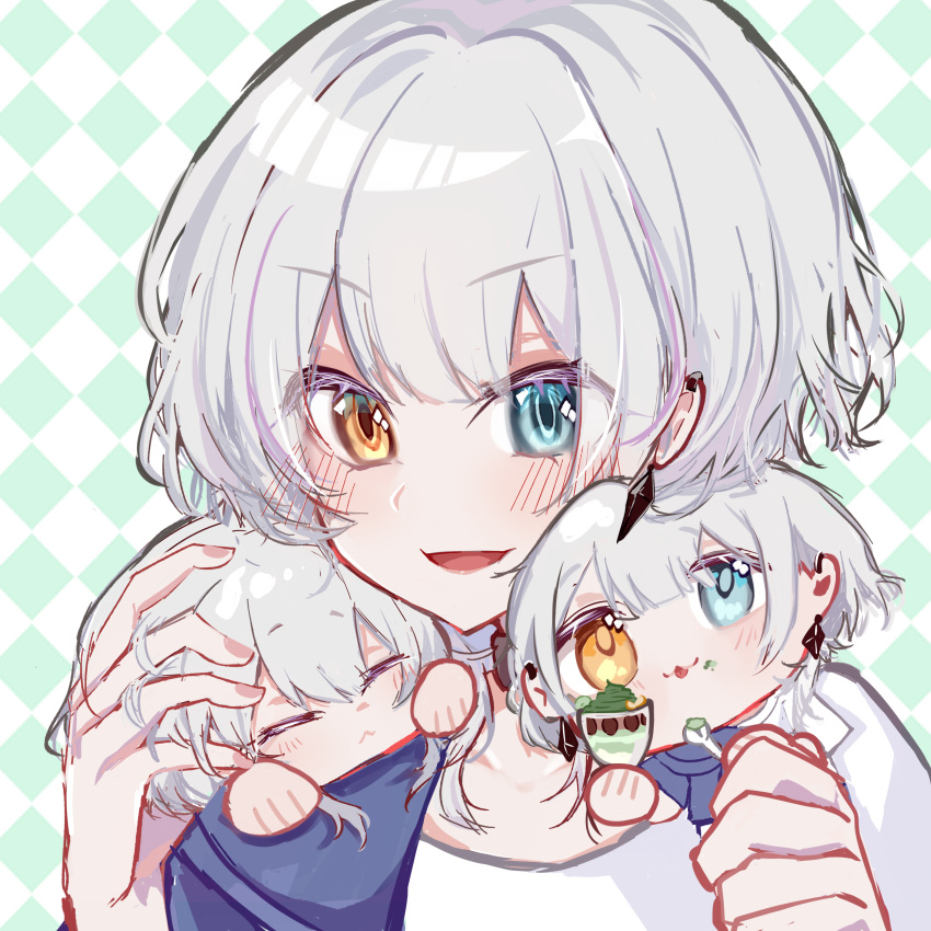 3girls, :<, absurdres, bang_dream!, bang_dream!_it's_mygo!!!!!, blue_eyes, checkered_background, chinese_commentary