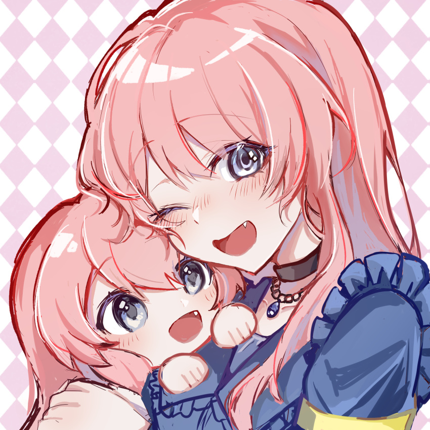 2girls, absurdres, bang_dream!, bang_dream!_it's_mygo!!!!!, black_choker, blue_jacket, checkered_background, chihaya_anon