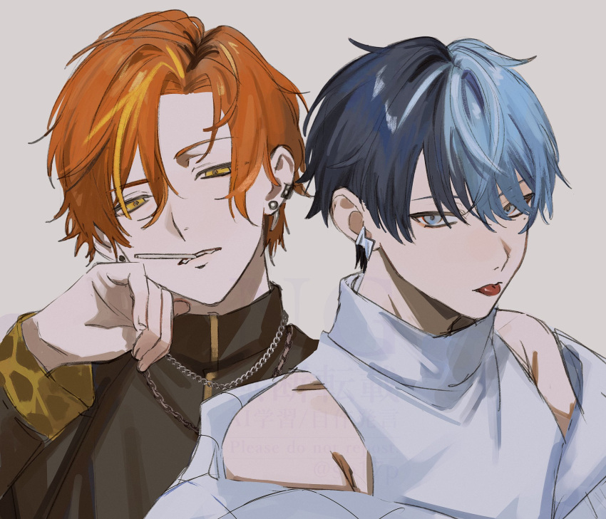 2boys, aoyagi_touya, blonde_hair, bloom_festival_(project_sekai), blue_eyes, blue_hair, chain, chain_necklace
