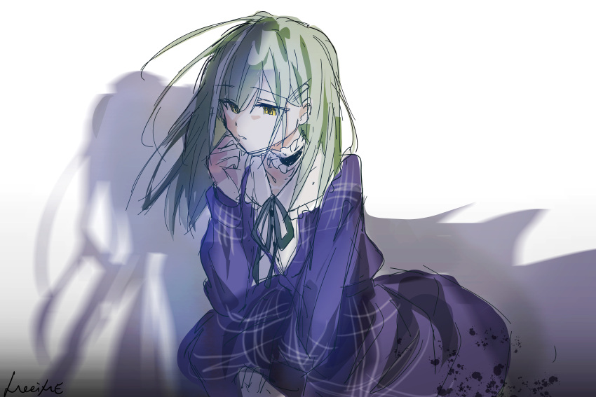 1girl, absurdres, bang_dream!, bang_dream!_it's_mygo!!!!!, black_choker, blue_dress, choker, commentary, dress, frilled_choker, frills, green_hair, highres, long_hair, long_sleeves, meeime114514, open_mouth, simple_background, solo, wakaba_mutsumi, white_background, yellow_eyes