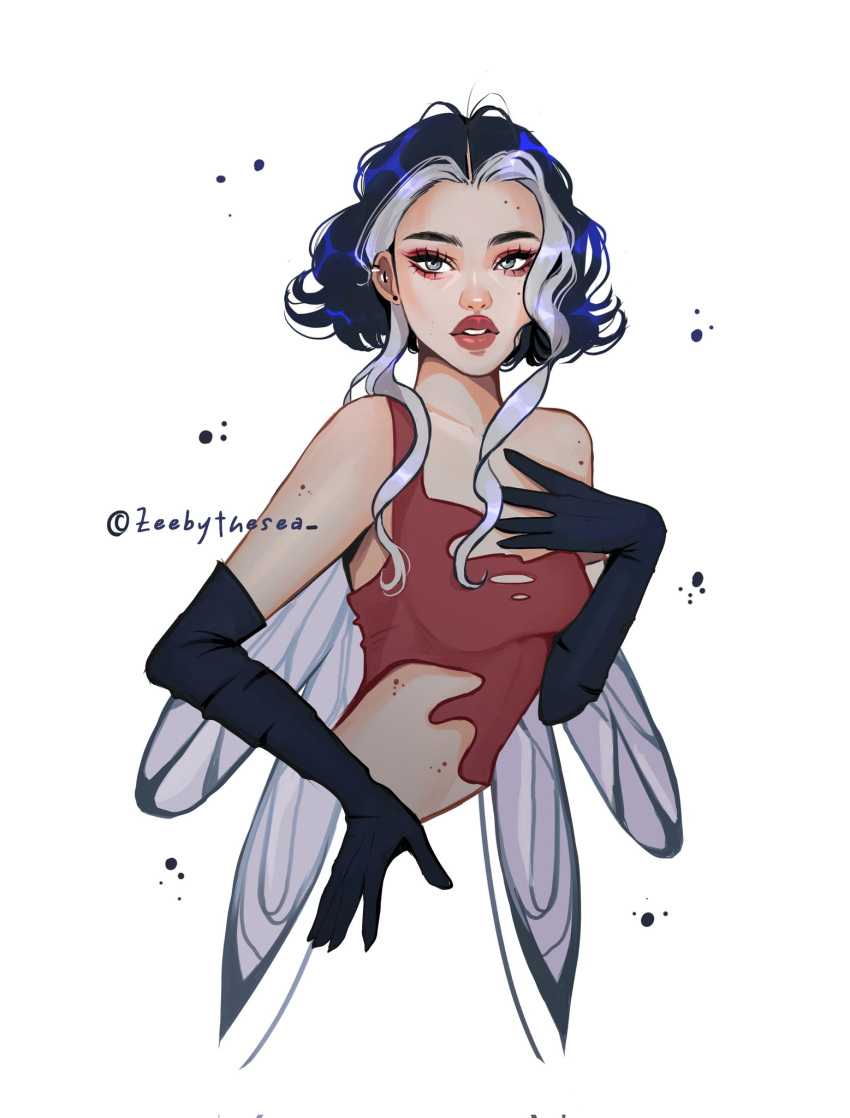 1girl, alternate_costume, asymmetrical_shirt, blue_hair, bob_cut, bug, crop_top, cropped_torso