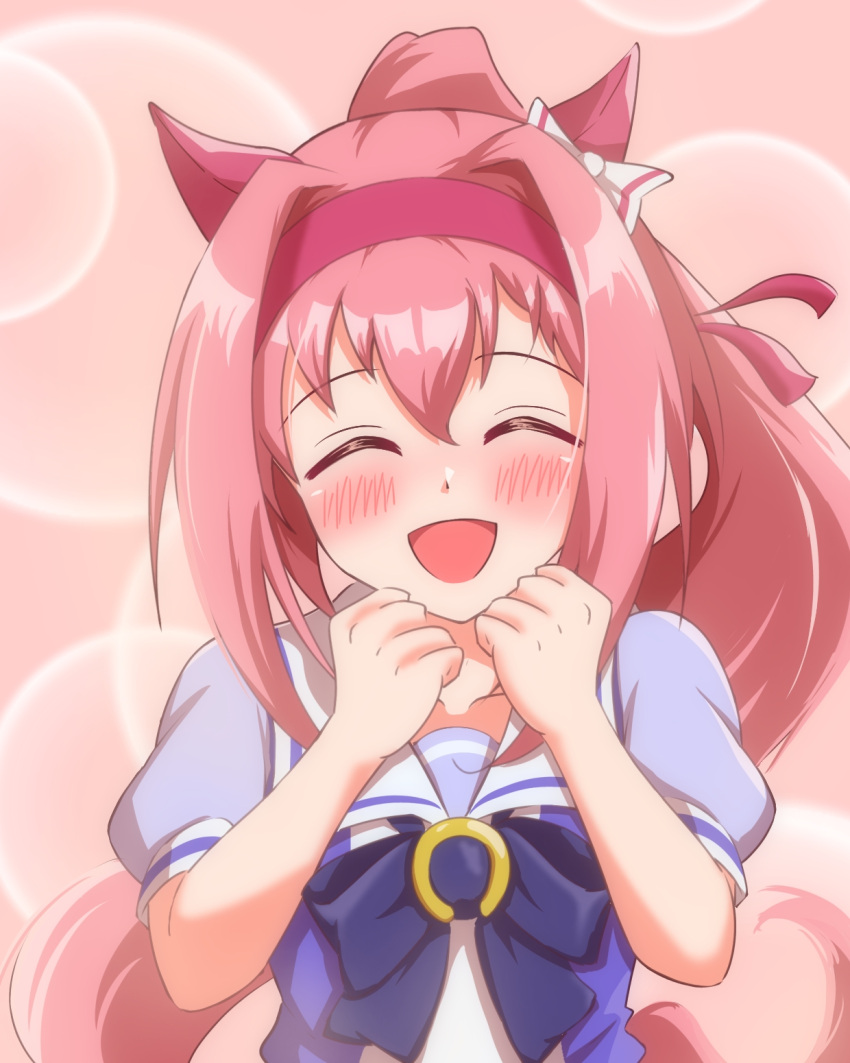 1girl, animal_ears, blush, breasts, hair_between_eyes, hair_ornament, hairband, haru_urara_(umamusume)