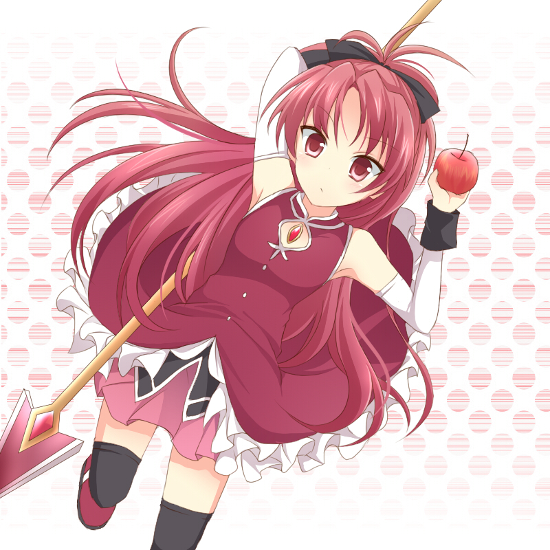 apple, food, fruit, holding, holding_apple, holding_fruit, kaname_ihnk, long_hair, mahou_shoujo_madoka_magica, polearm, ponytail, red_eyes, red_hair, redhead, sakura_kyouko, solo, spear, thighhighs, weapon