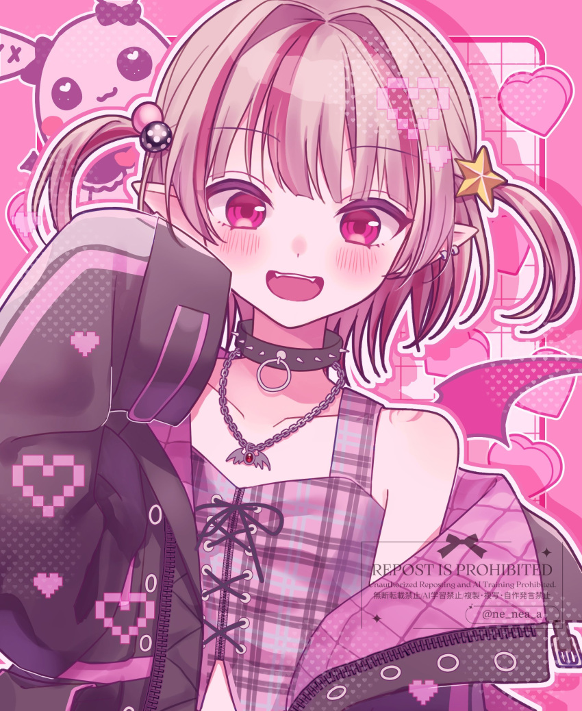 1girl, :d, absurdres, arm_at_side, black_collar, black_jacket, blunt_bangs, blush