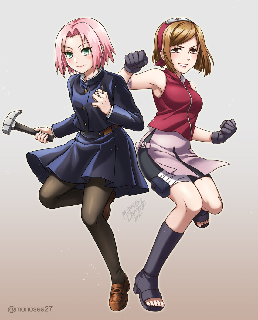 2girls, black_gloves, black_pantyhose, boots, breasts, brown_eyes, brown_hair, commentary