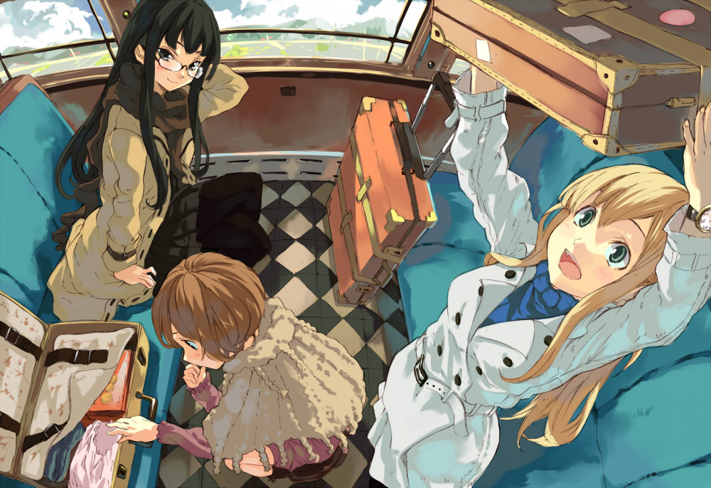 \o/, arms_up, bad_id, black_hair, black_legwear, blonde_hair, brown_eyes, brown_hair