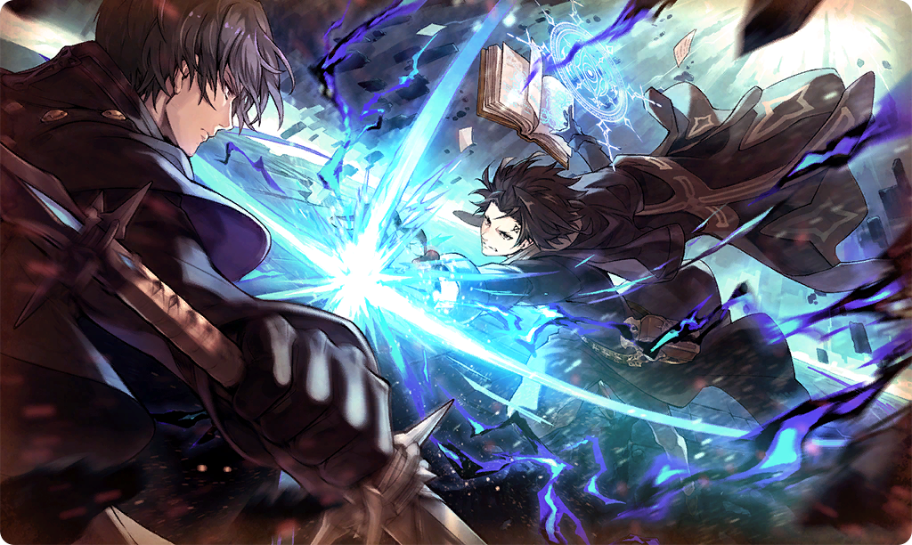 2boys, battle, black_cloak, black_eyes, black_gloves, black_hair, book, cloak