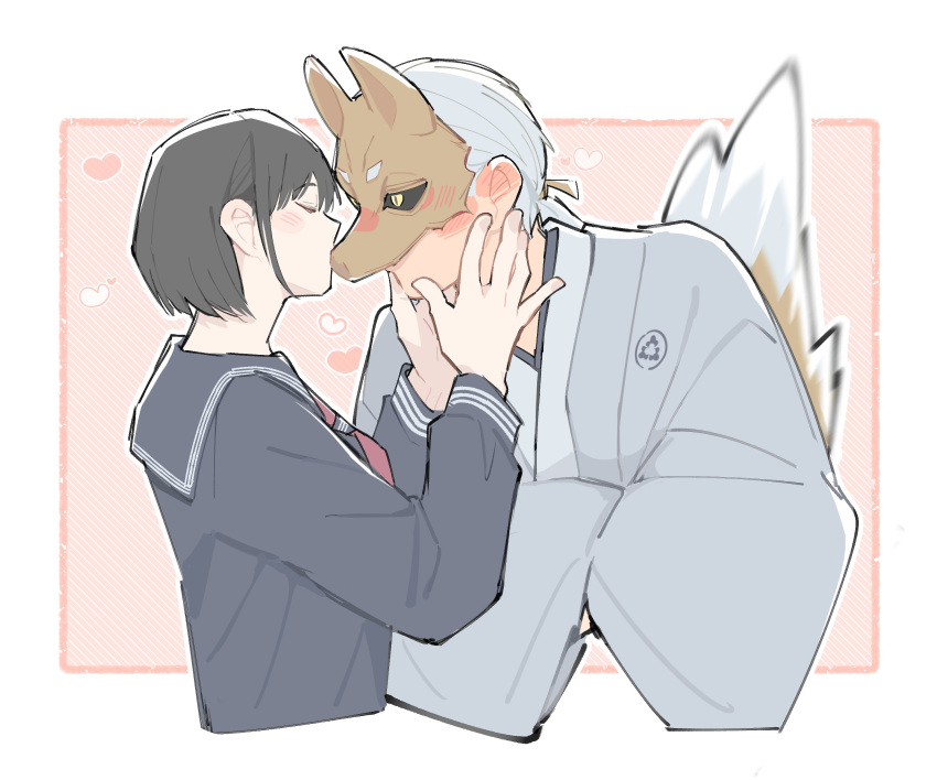 1boy, 1girl, absurdres, black_hair, black_sailor_collar, black_sclera, black_serafuku, blush, colored_sclera, fox_mask, fox_mask_(silent_hill), fox_tail, hands_in_opposite_sleeves, highres, kissing_mask, low_ponytail, mask, neckerchief, ponytail, red_neckerchief, robe, sailor_collar, school_uniform, serafuku, shimizu_hinako, silent_hill_(series), silent_hill_f, tail, white_hair, white_robe, xinhao