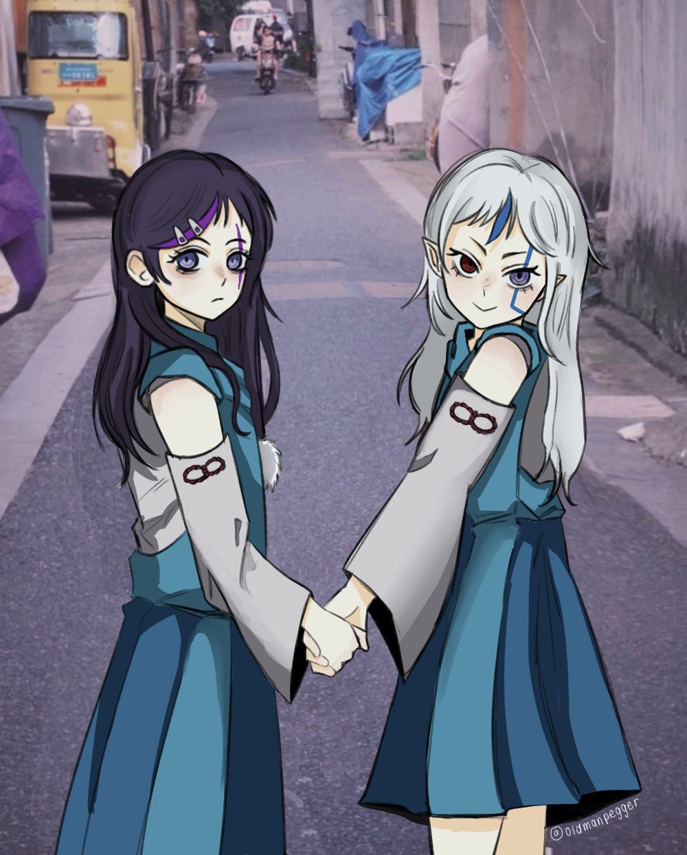 aged_down, blue_dress, blue_hair, detached_sleeves, dress, eva_(hundred_line), facial_mark, hair_ornament, hairclip, heterochromia, highres, holding_hands, multicolored_hair, oldmanpegger, photo_background, pointy_ears, purple_hair, red_eyes, siblings, sisters, streaked_hair, the_hundred_line_-last_defense_academy-, v'ehxness, violet_eyes, white_hair, white_sleeves