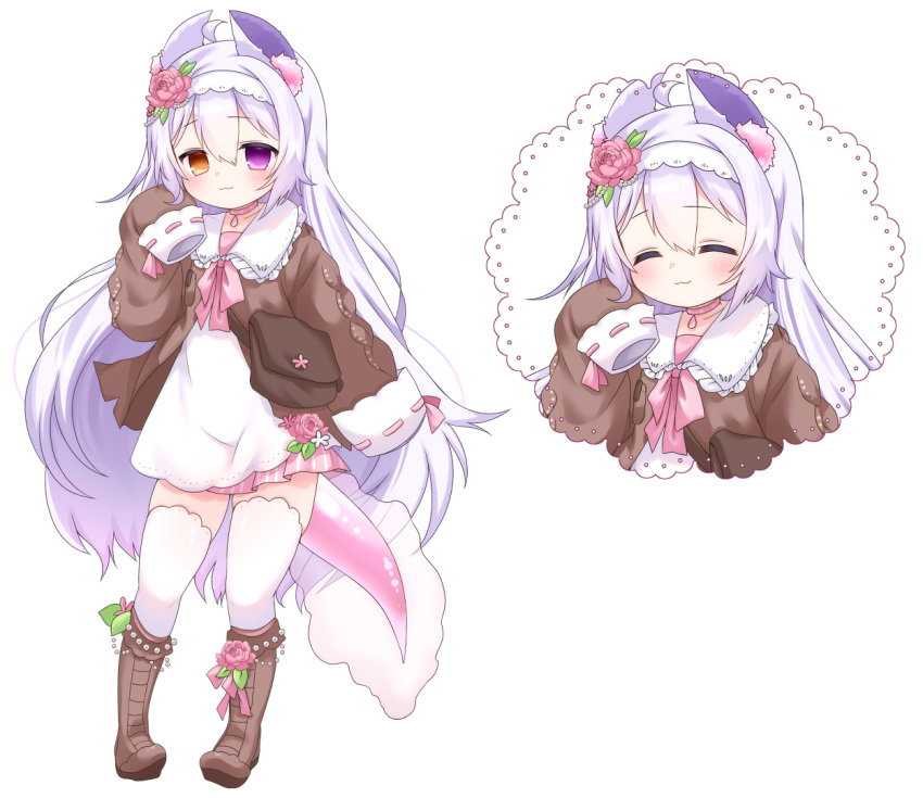 1girl, :3, ^_^, ahoge, animal_ears, axolotl_girl, axolotl_tail, boots