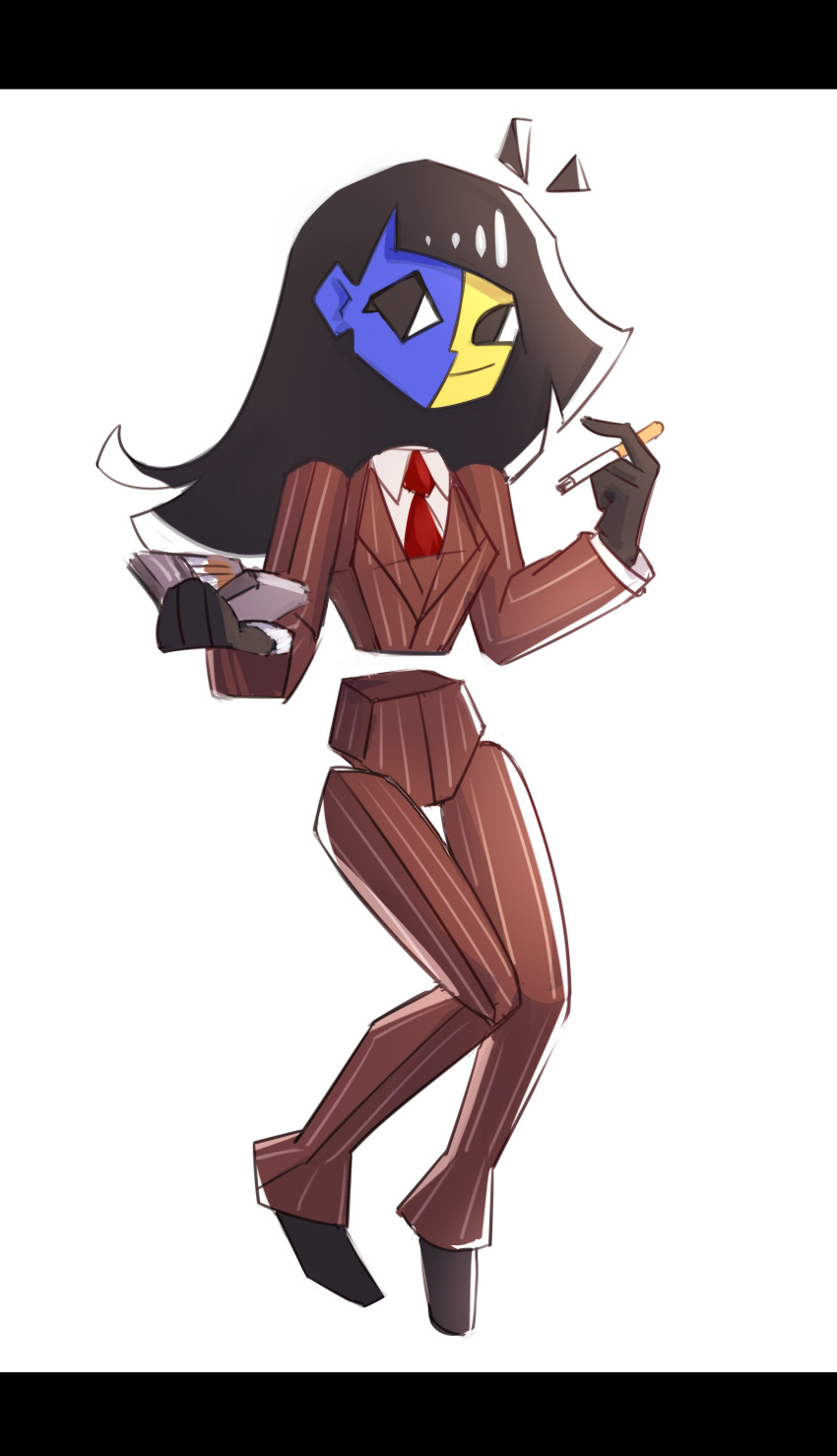 1girl, absurdres, atano_de, black_eyes, black_gloves, black_hair, blue_skin, cigarette