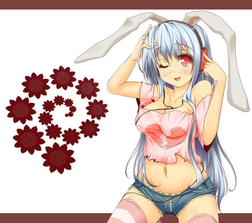 alternate_hair_color, animal_ears, bare_shoulders, blue_hair, breasts, bunny_ears, casual, cleavage