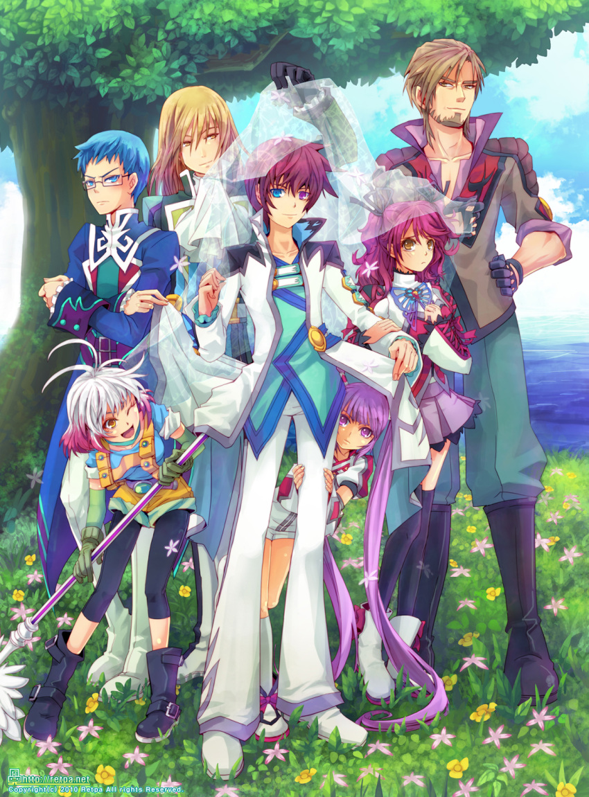 asbel_lhant, beard, black_legwear, blonde_hair, blue_eyes, blue_hair, boots, brooch