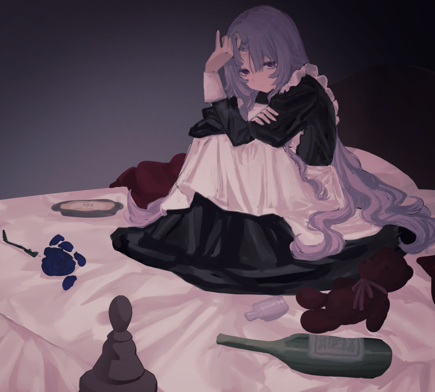 1girl, absurdres, apron, black_dress, blue_flower, blue_rose, bottle, closed_mouth