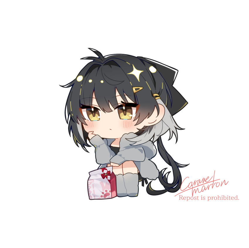 1girl, alternate_costume, black_hair, blush, caramelmarron, chibi, chibi_only, closed_mouth