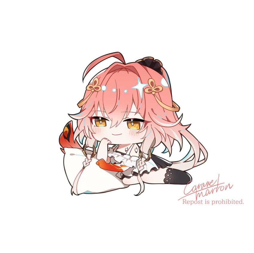 1girl, ahoge, black_thighhighs, body_markings, caramelmarron, changli_(wuthering_waves), chibi, chibi_only
