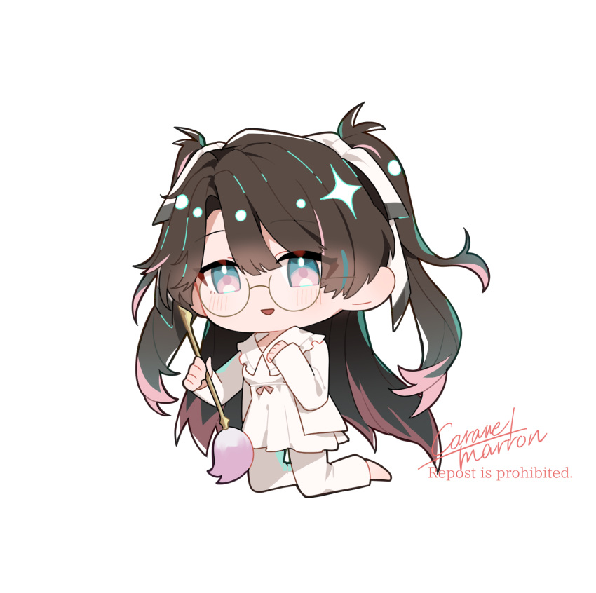 1girl, aqua_eyes, brown_hair, caramelmarron, chibi, chibi_only, colored_tips, dress