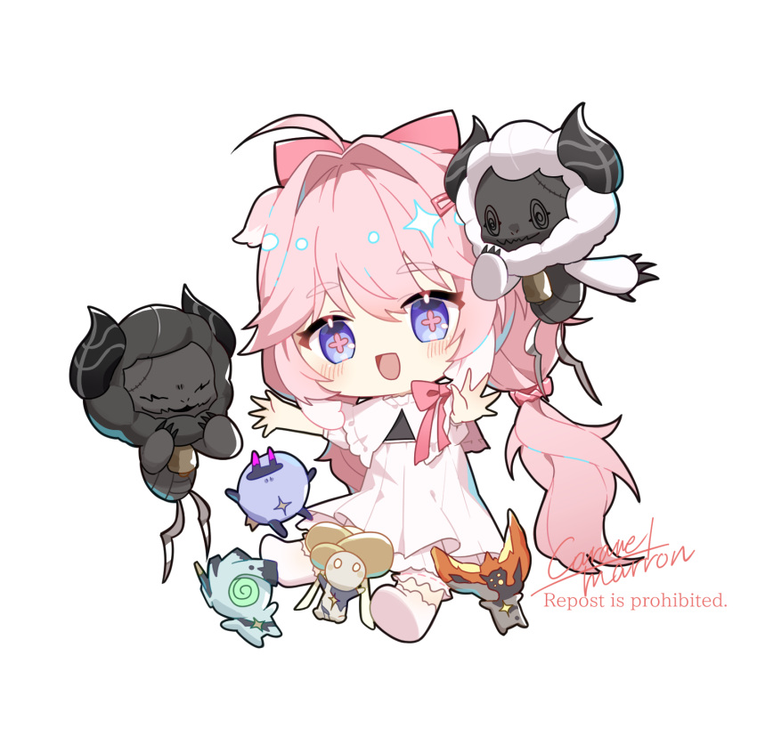 1girl, ahoge, alternate_costume, blue_eyes, bow, caramelmarron, chibi, chibi_only