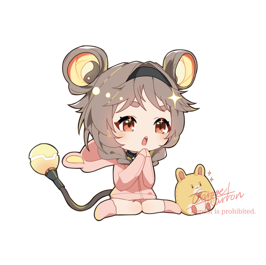 1girl, alternate_costume, black_hairband, braid, brown_eyes, brown_hair, caramelmarron, chibi