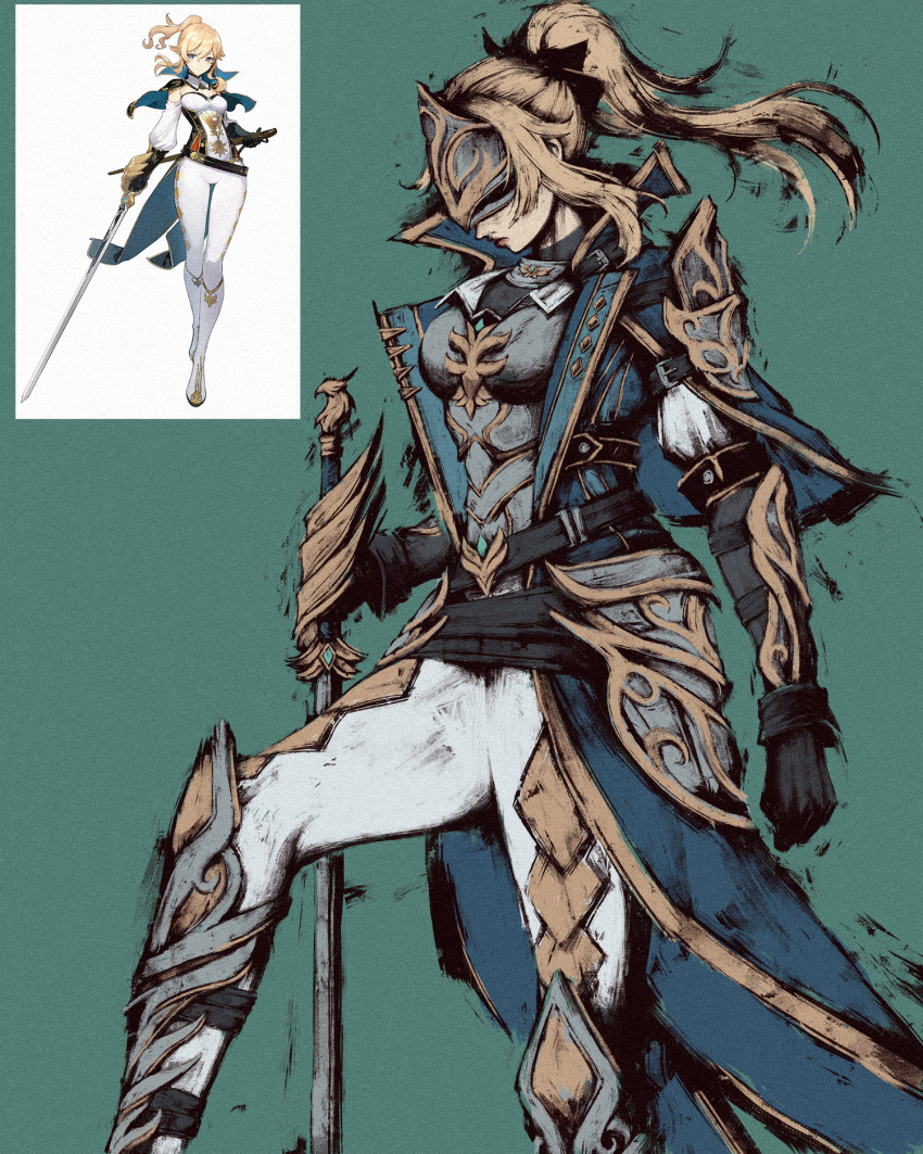 1girl, akramness, armor, armored_boots, belt, blonde_hair, blue_capelet, blue_coat