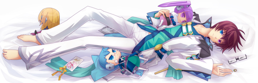 :x, asbel_lhant, bad_id, barefoot, blonde_hair, blue_eyes, blue_hair, bow