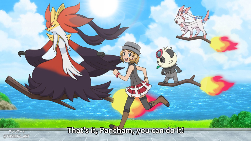 1girl, anime_coloring, bare_shoulders, black_shirt, blonde_hair, blue_eyes, boots, brown_boots, delphox, english_text, fake_screenshot, full_body, hat, highres, mega_delphox, mega_pokemon, mega_ring, open_mouth, pancham, pokemon, pokemon_(anime), pokemon_(creature), pokemon_journeys, serena_(pokemon), shirt, short_hair, skirt, sleeveless, sleeveless_shirt, smile, sylveon, thigh-highs, thsinaz, turtleneck