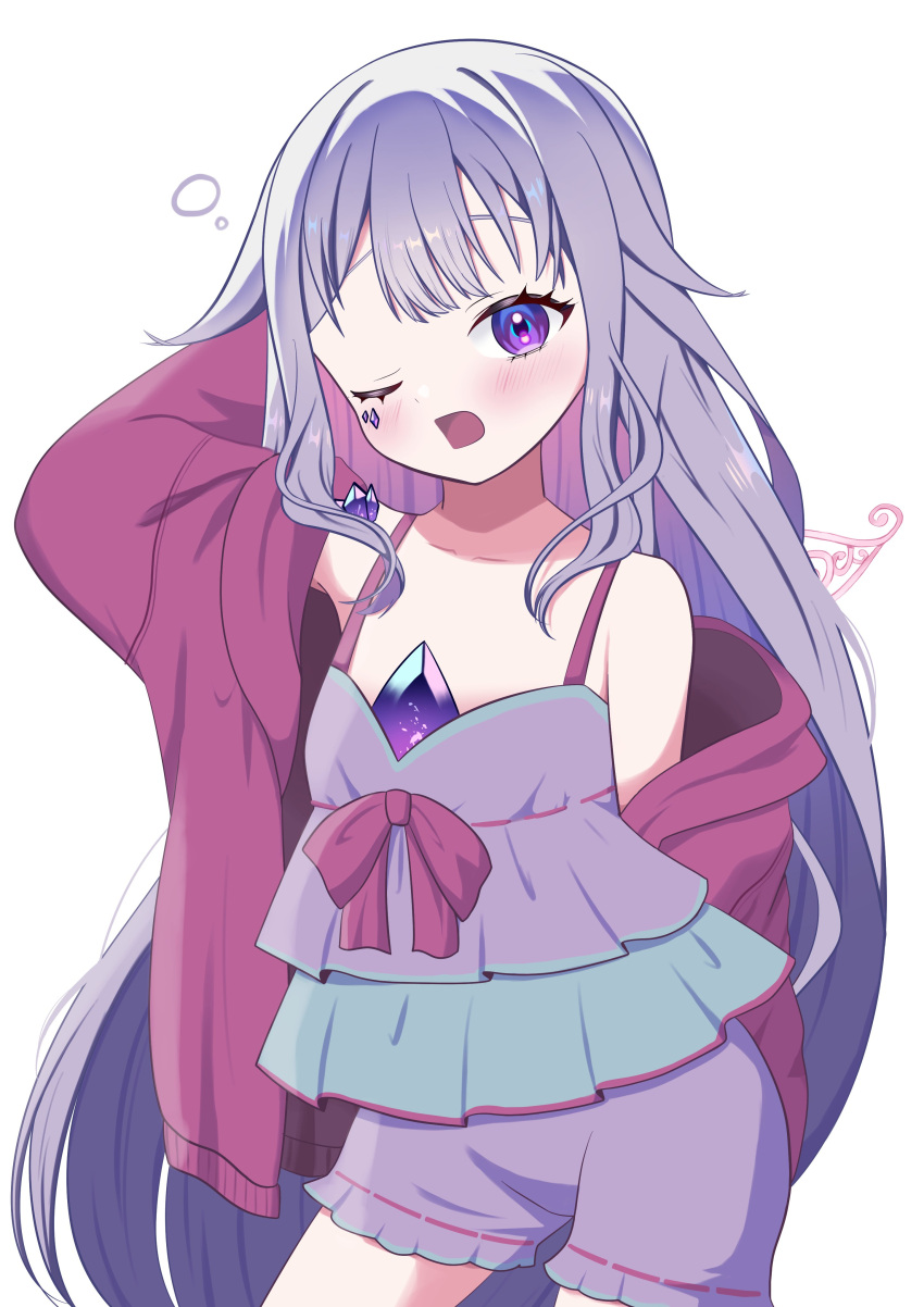 1girl, absurdres, bare_shoulders, chest_jewel, elis_soratabi, gem, grey_hair, highres