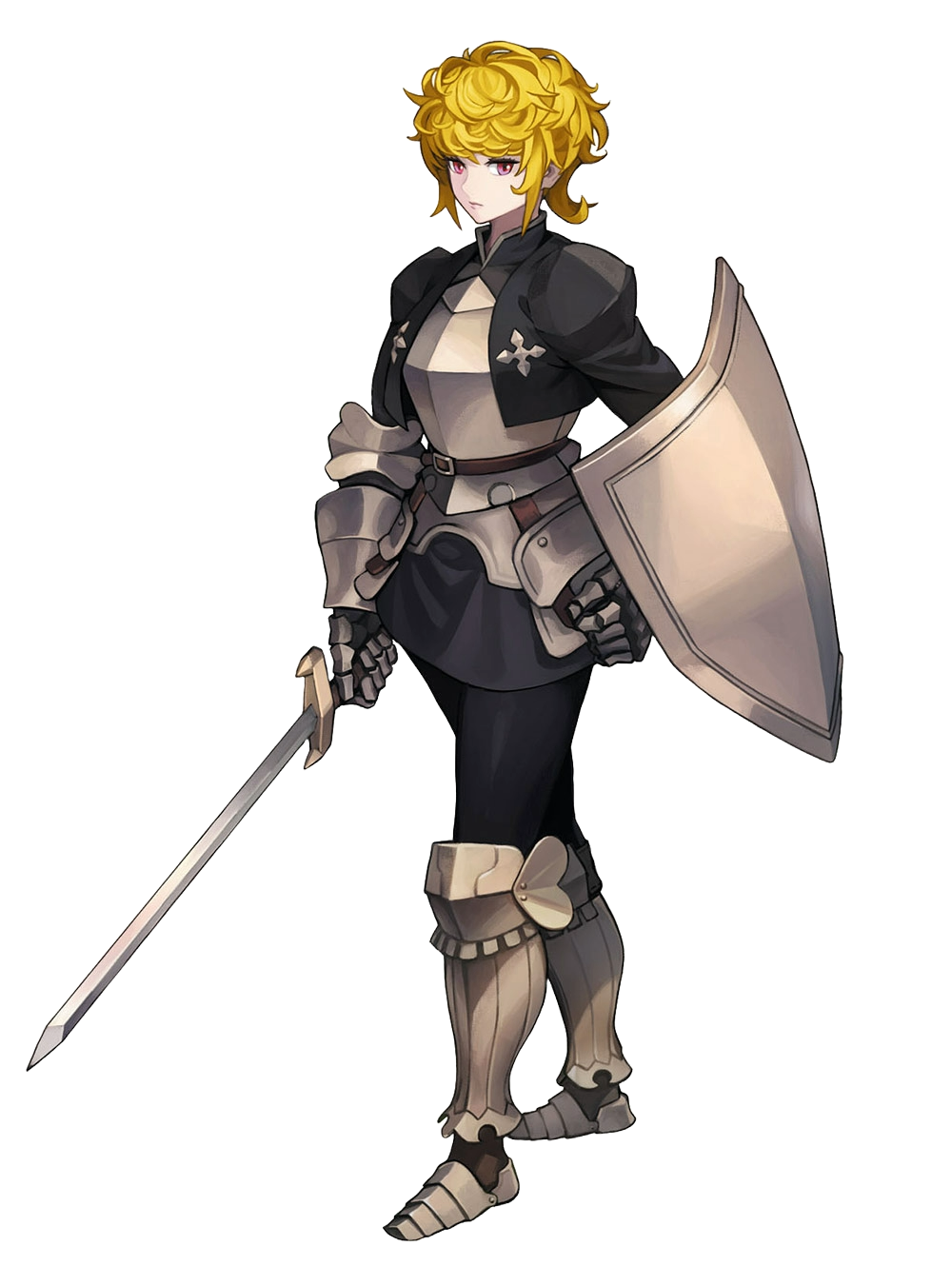armor, armored_boots, black_capelet, black_pants, black_shirt, black_skirt, blonde_hair, boots