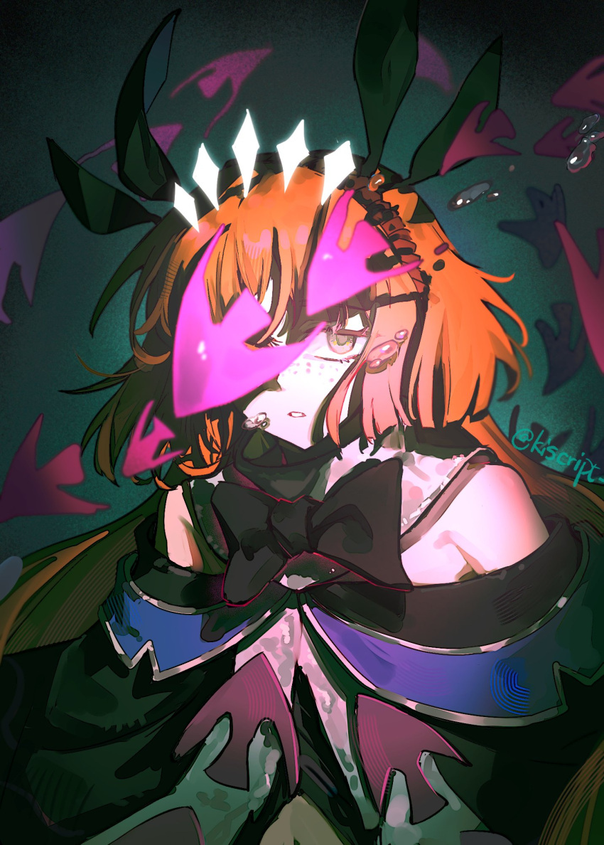 1girl, air_bubble, arknights, black_bow, black_bowtie, black_capelet, bow, bowtie, brown_hairband, bubble, capelet, clothing_cutout, fish, freckles, green_background, hairband, highres, ishmael_(project_moon), kiscript, limbus_company, long_hair, looking_at_viewer, multiple_hair_ribbons, navel_cutout, off-shoulder_capelet, orange_hair, project_moon, simple_background, solo, tidal_elegy_(e.g.o), upper_body, yellow_eyes