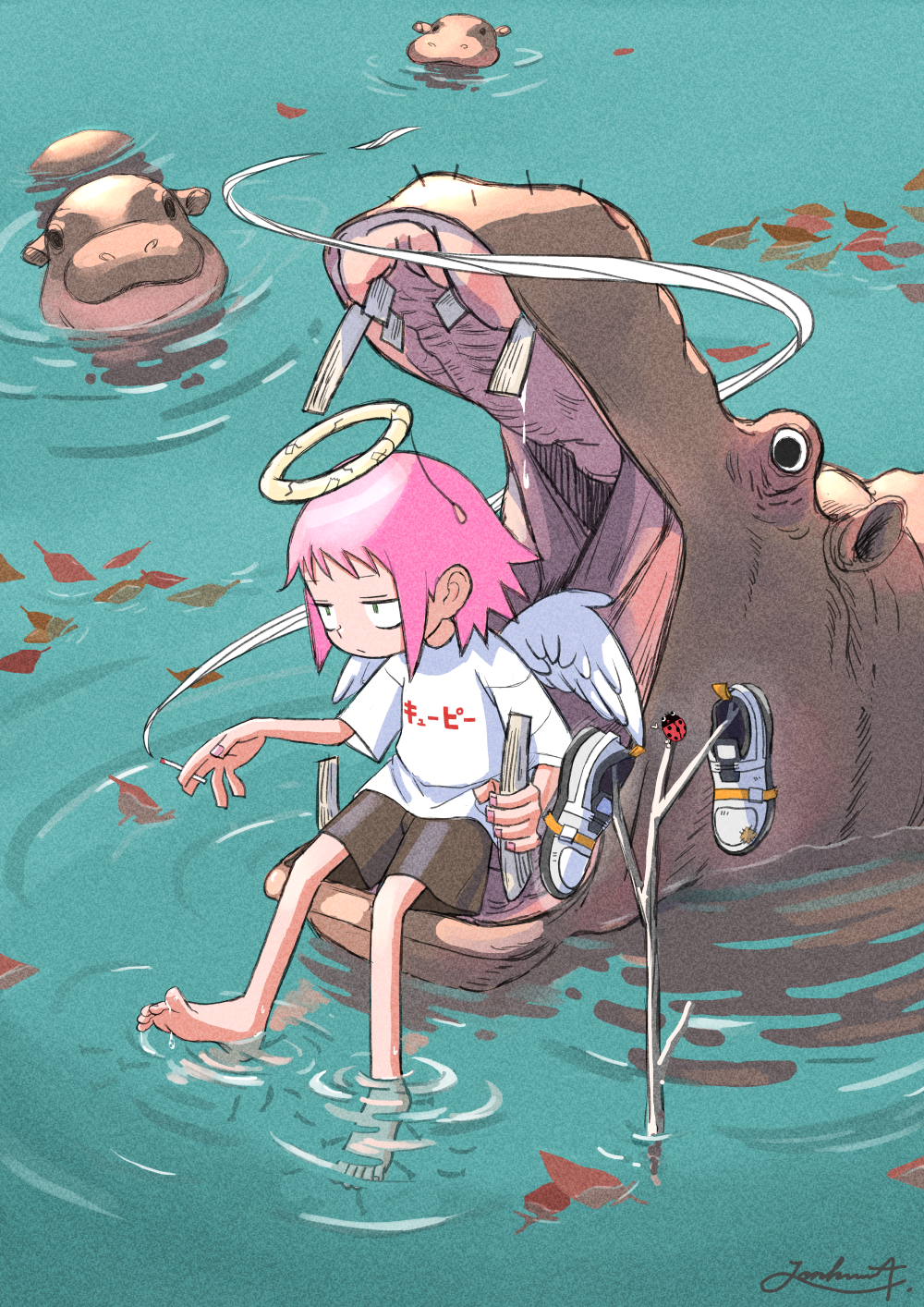 1girl, angel_wings, baby_animal, baby_hippopotamus, barefoot, black_shorts, bug, cigarette