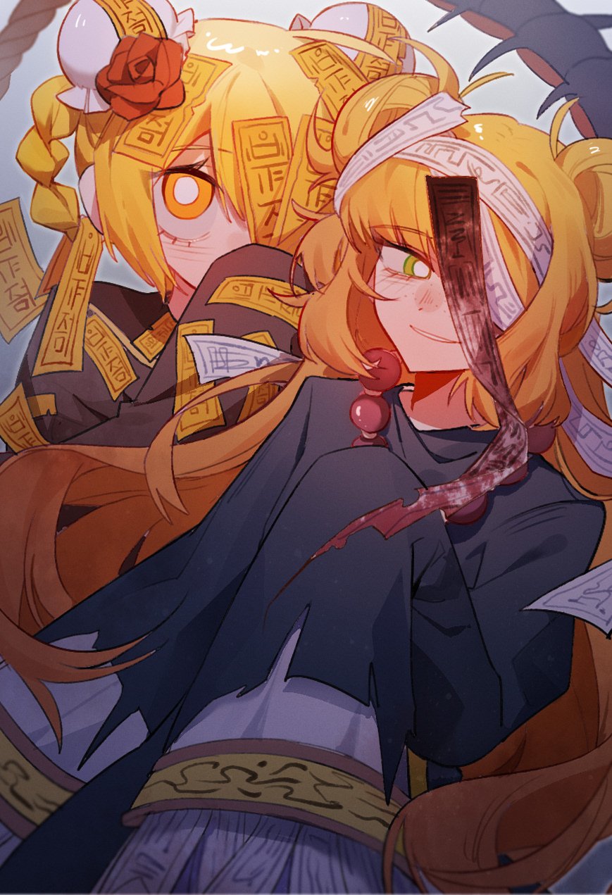 2girls, beads, blonde_hair, blue_robe, brown_robe, don_quixote_(project_moon), double_bun, e.g.o_(project_moon)