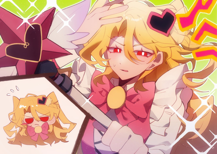1girl, blonde_hair, blush_stickers, bow, bowtie, bright_pupils, chibi, chibi_only