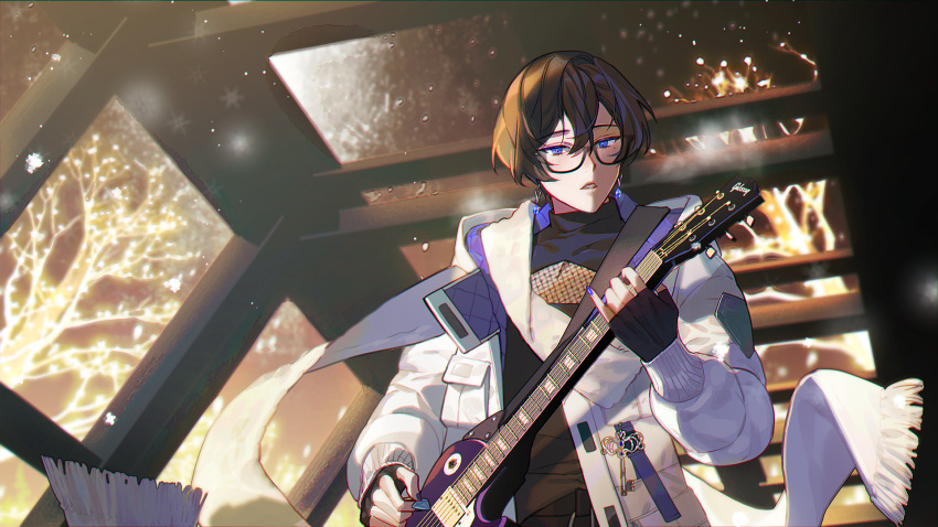1girl, bamcream, black-framed_eyewear, black_gloves, black_shirt, brown_hair, commentary, commission, double-parted_bangs, english_commentary, fingerless_gloves, glasses, gloves, guitar, hair_between_eyes, highres, holding, holding_guitar, holding_instrument, holding_plectrum, instrument, jacket, long_sleeves, nail_polish, open_clothes, open_jacket, original, parted_lips, plectrum, purple_nails, scarf, shirt, short_hair, solo, upper_body, white_jacket, white_scarf