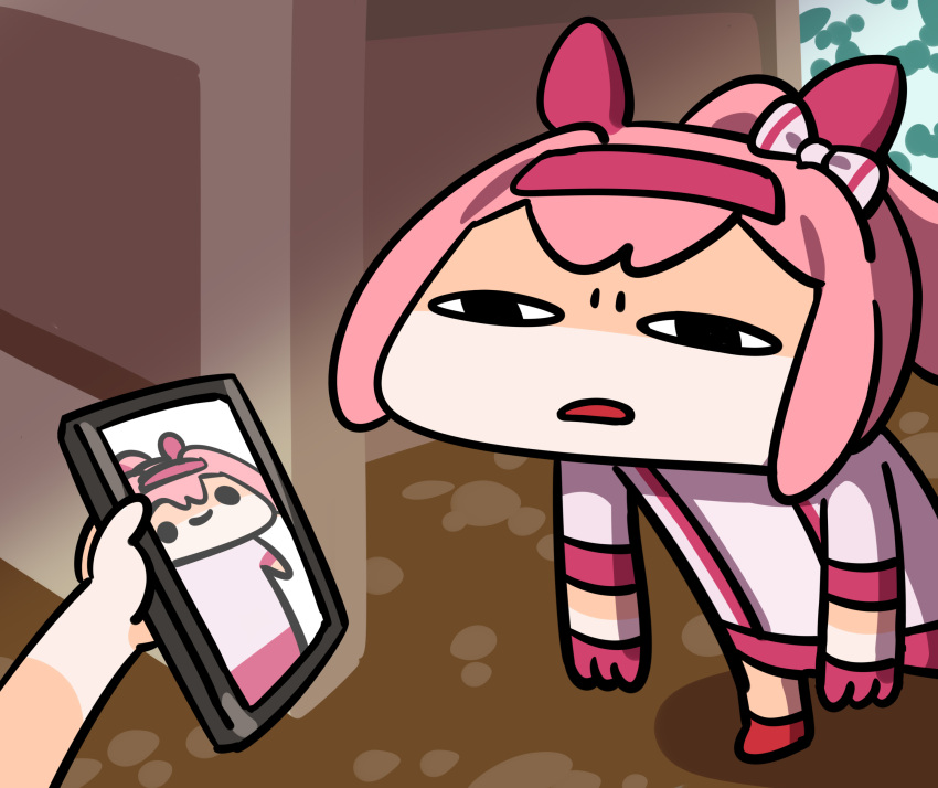 1girl, absurdres, animal_ears, cellphone, chibi, hair_ribbon, haru_urara_(bestest_prize)_(umamusume), haru_urara_(umamusume)