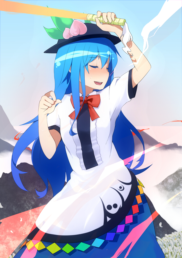 arm_up, blue_hair, blush, closed_eyes, dress, eyes_closed, food, fruit