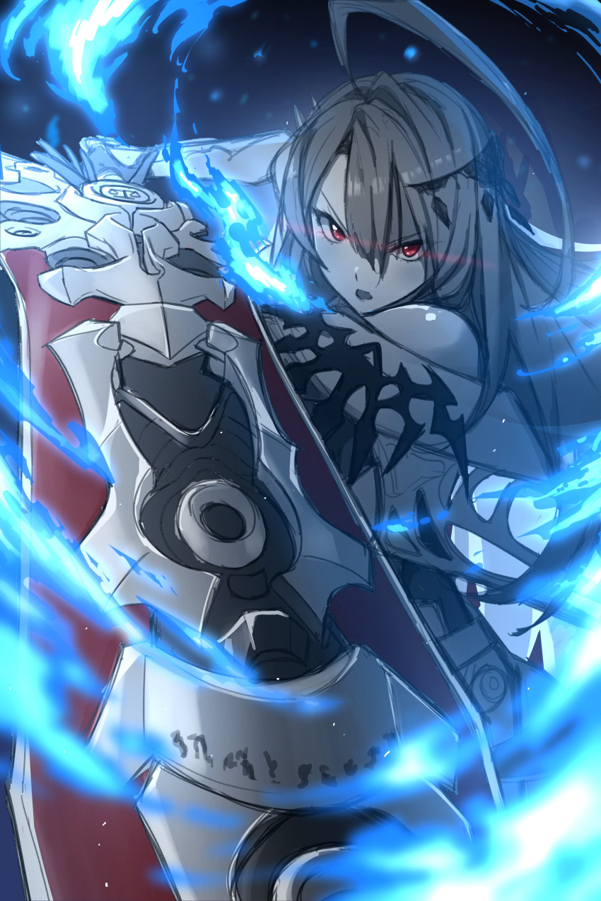 1girl, absurdres, ahoge, blue_fire, elizabeth_rose_bloodflame, elizabeth_rose_bloodflame_(1st_costume), fighting_stance, fire