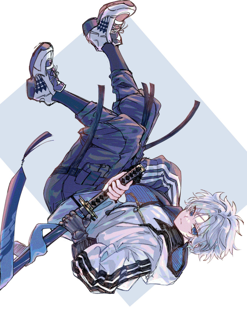 1boy, blue_eyes, fate/grand_order, fate_(series), highres, holding, holding_sword, holding_weapon, hood, hoodie, katana, male_focus, pipipiinat, prosthesis, prosthetic_arm, scar, scar_on_face, scar_on_forehead, shoes, sneakers, sword, toudou_heisuke_(fate), upside-down, weapon, white_hair, white_hoodie