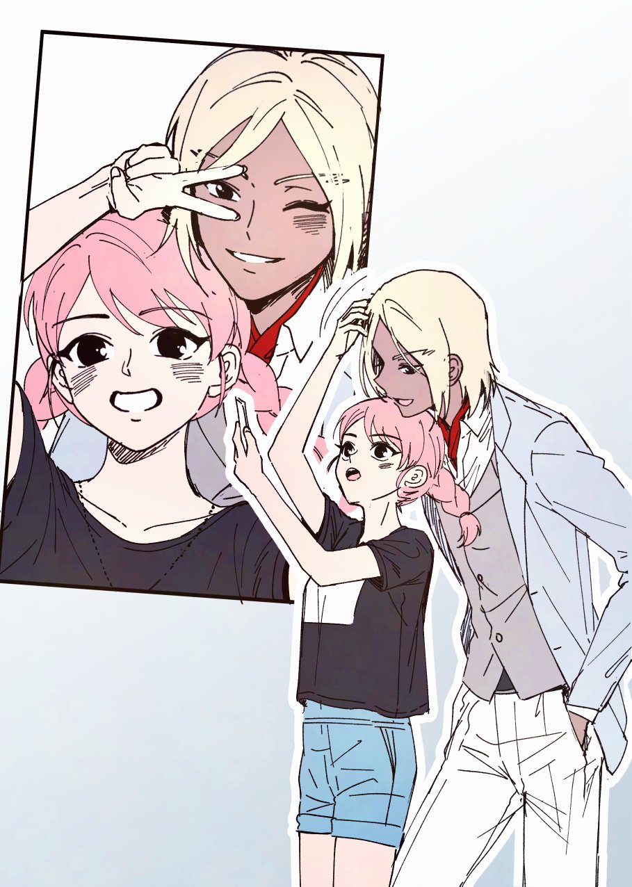 1boy, 1girl, black_eyes, black_shirt, blonde_hair, braid, brother_and_sister, gguck