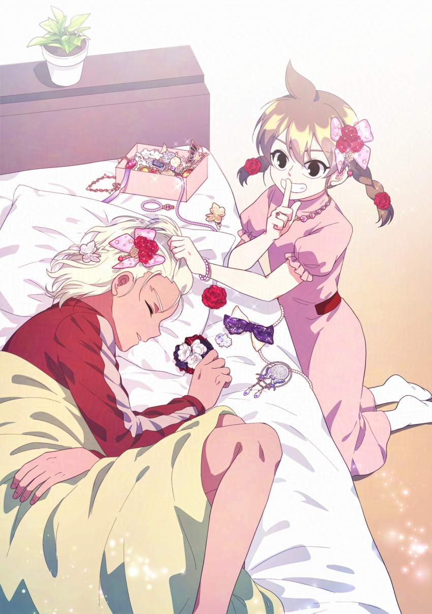 1boy, 1girl, ahoge, bed, black_eyes, blonde_hair, braid, brother_and_sister