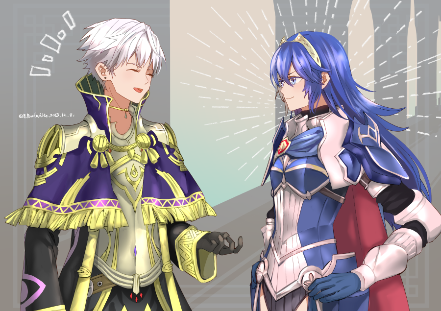 1boy, 1girl, armor, black_gloves, blue_eyes, blue_gloves, blue_hair, breastplate, capelet, closed_eyes, closed_mouth, commentary_request, commission, fire_emblem, fire_emblem_awakening, fire_emblem_heroes, gloves, gold_trim, hands_on_own_hips, long_sleeves, looking_at_another, lucina_(fate's_resolve)_(fire_emblem), lucina_(fire_emblem), male_robin_(fire_emblem), male_robin_(grandmaster)_(fire_emblem), official_alternate_costume, open_mouth, pauldrons, purple_capelet, shoochiku_bai, shoulder_armor, skeb_commission, smile, tiara, twitter_username, white_hair